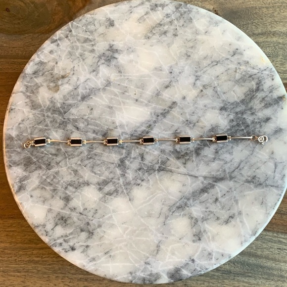 Sterling Silver Bracelet Black Stone Rectangles Link Stamped 925 A1 Artist Vtg - Picture 2 of 10